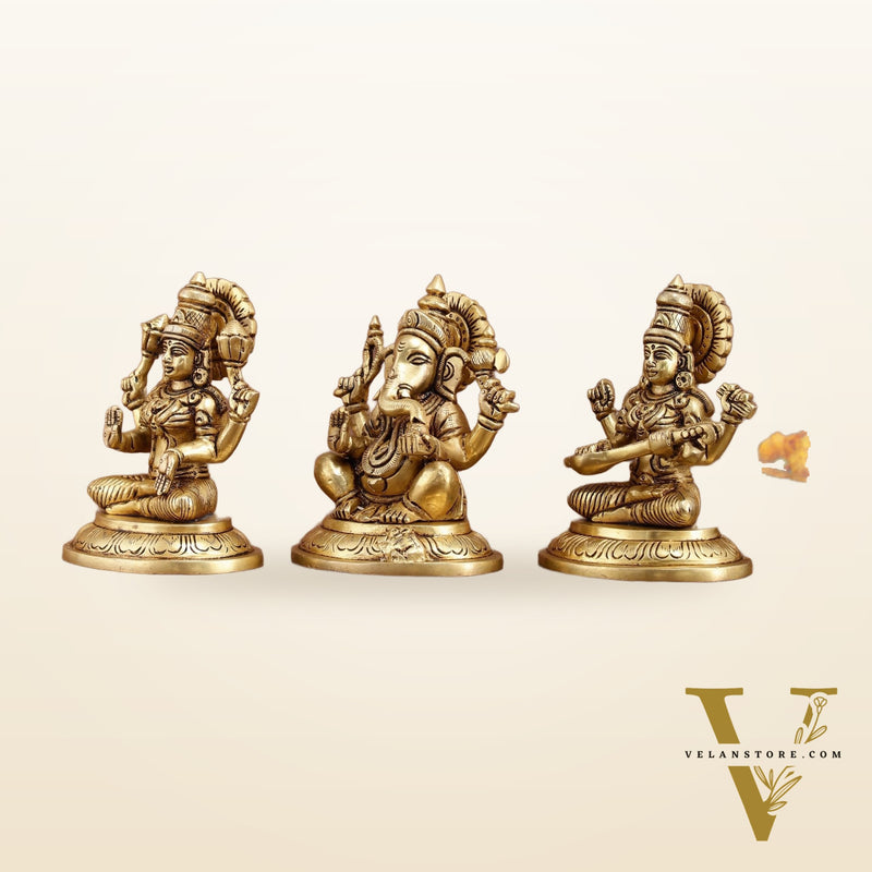 Brass Superfine Ganesh Lakshmi Saraswati Idols Set | 5-inch