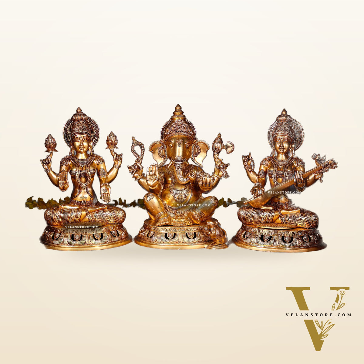Brass Superfine Ganesh Lakshmi Saraswati Large Idol Set – Intricate Carvings 18" | 55 kg