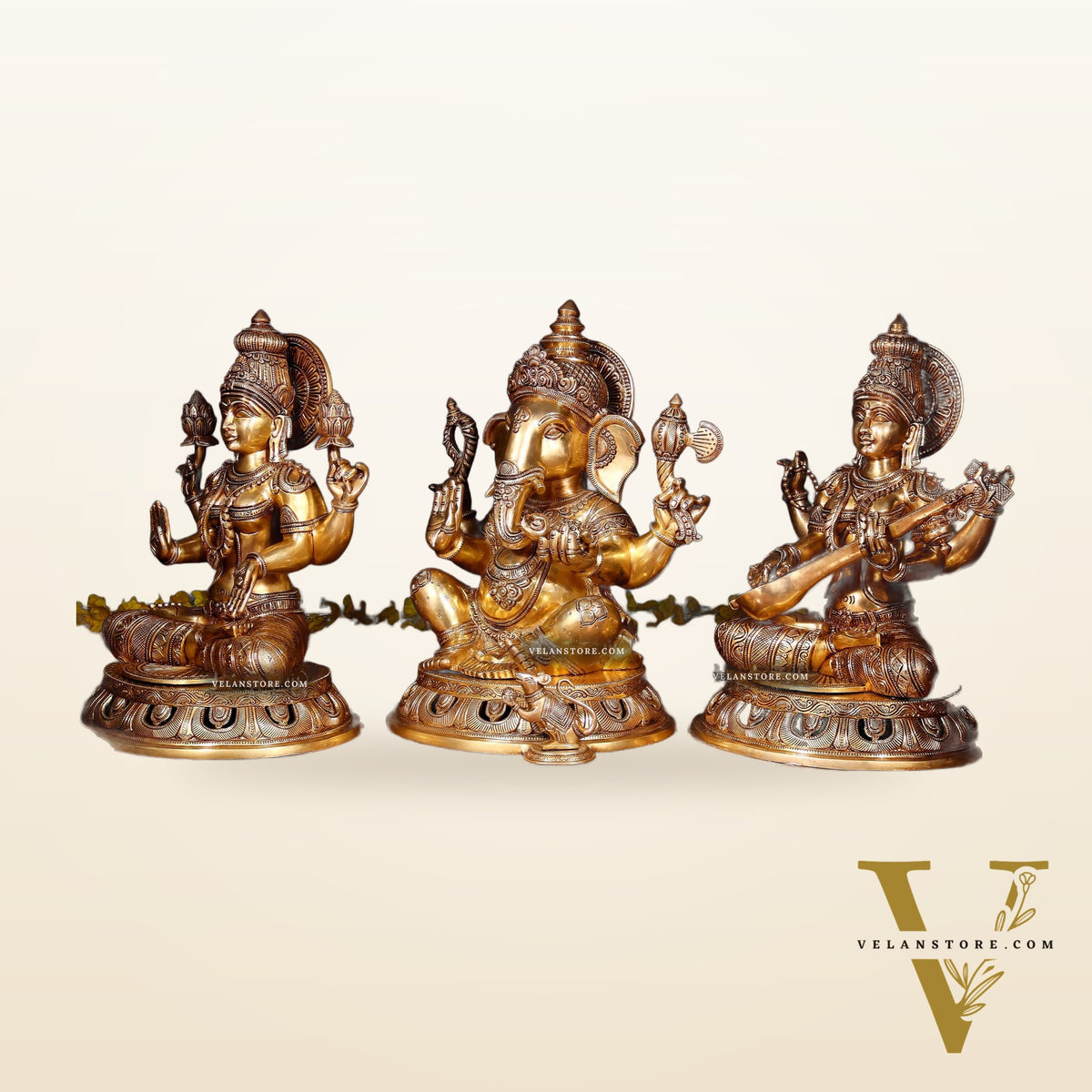 Brass Superfine Ganesh Lakshmi Saraswati Large Idol Set – Intricate Carvings 18" | 55 kg