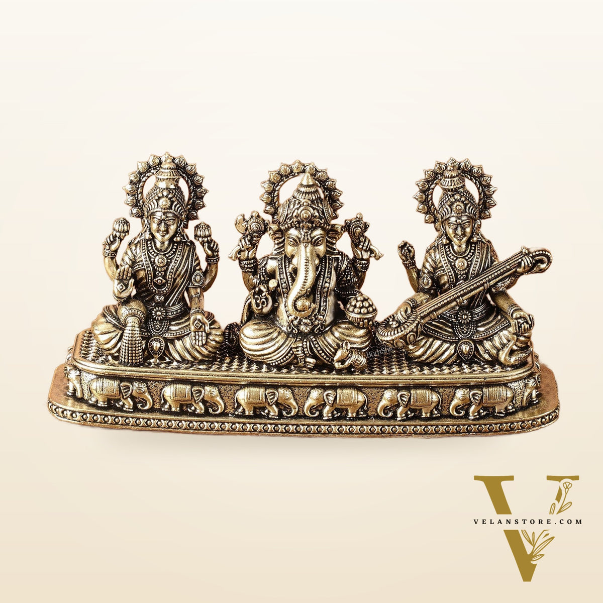 Brass Superfine Ganesh Lakshmi Saraswati on Same Base | Intricately Carved | 3 Inch Height