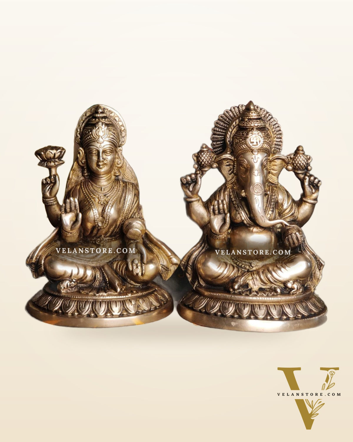 Brass Superfine Ganesha and Lakshmi 8"