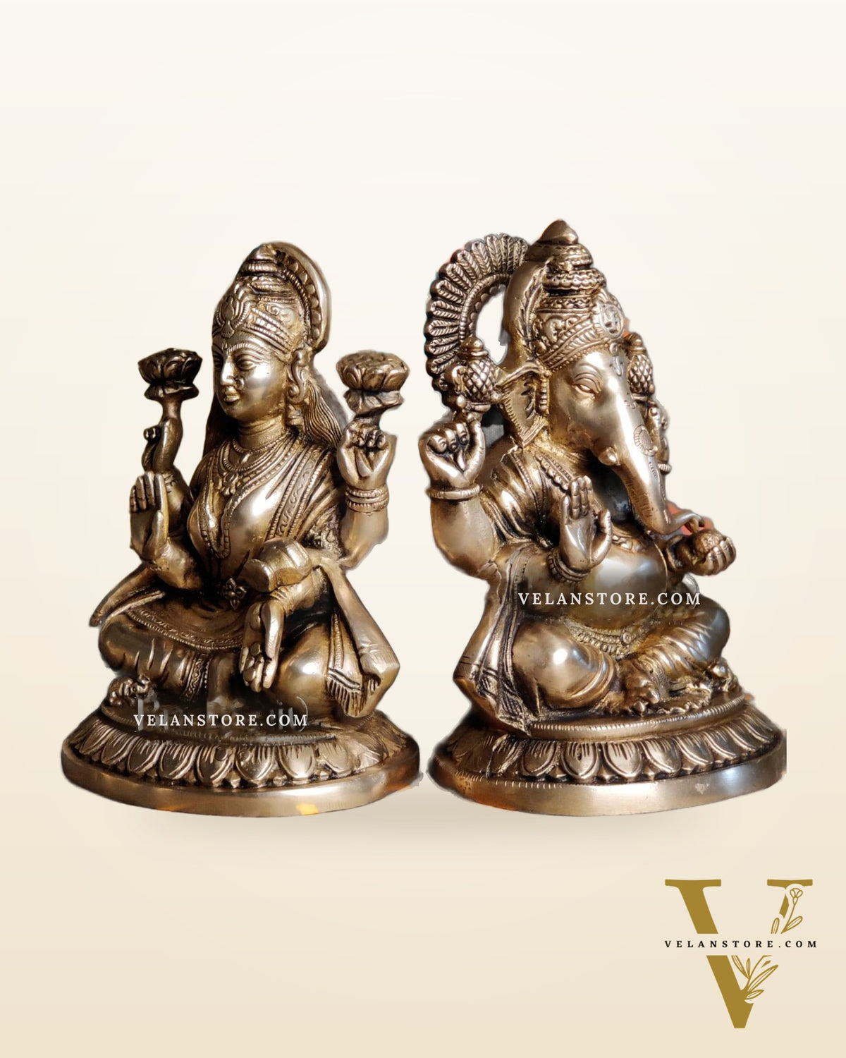 Brass Superfine Ganesha and Lakshmi 8"