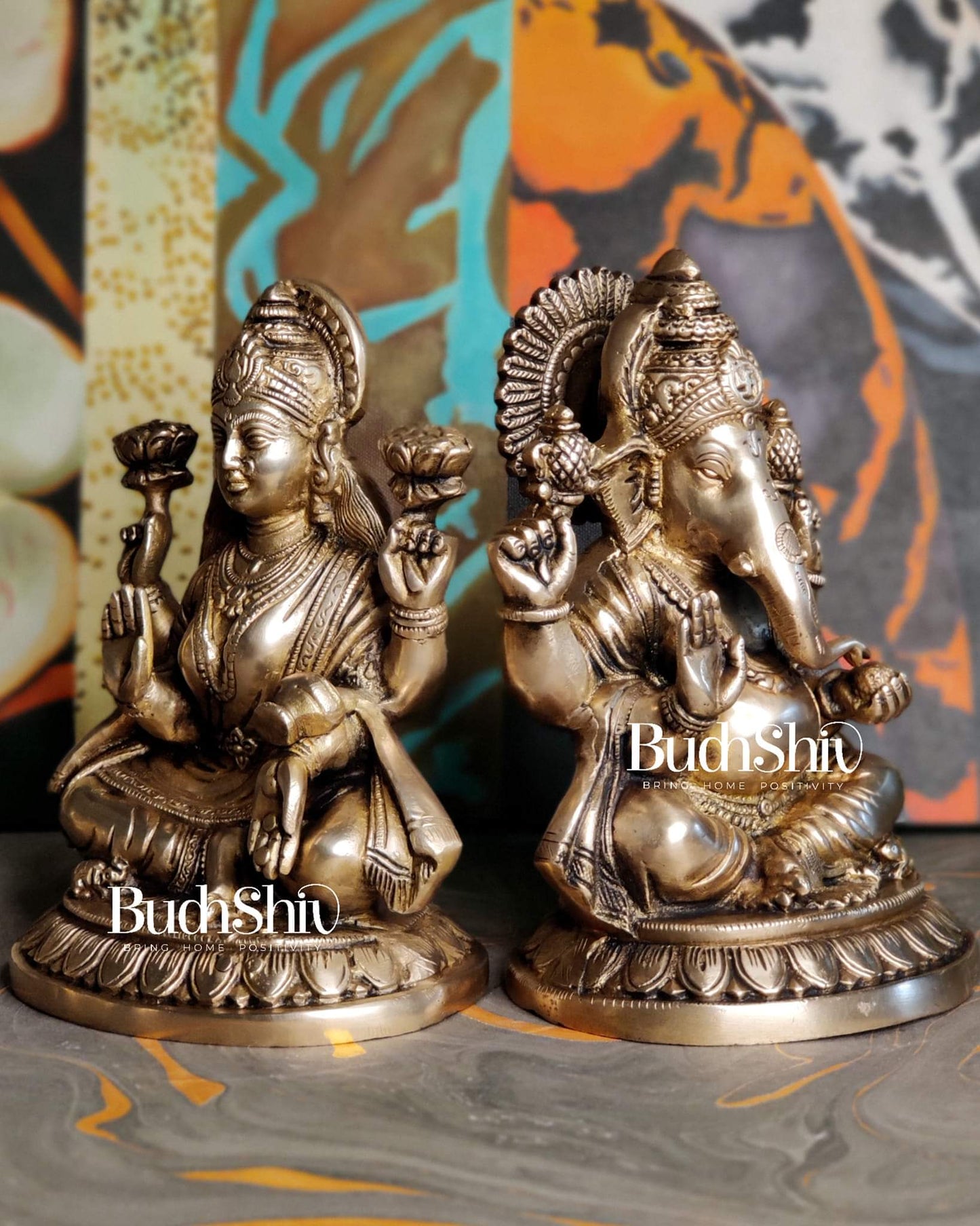 Brass Superfine Ganesha and Lakshmi 8"