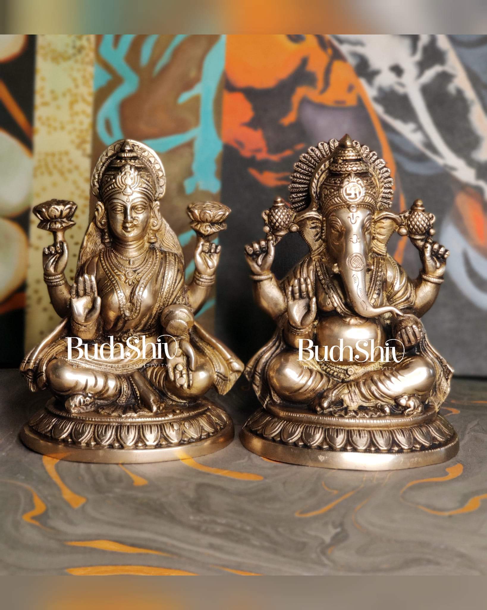 Brass Superfine Ganesha and Lakshmi 8"