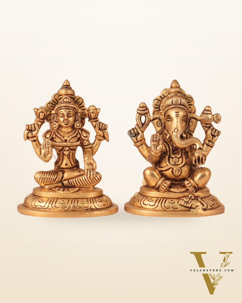Brass Superfine Ganesha and Lakshmi Idol Pair - 4"