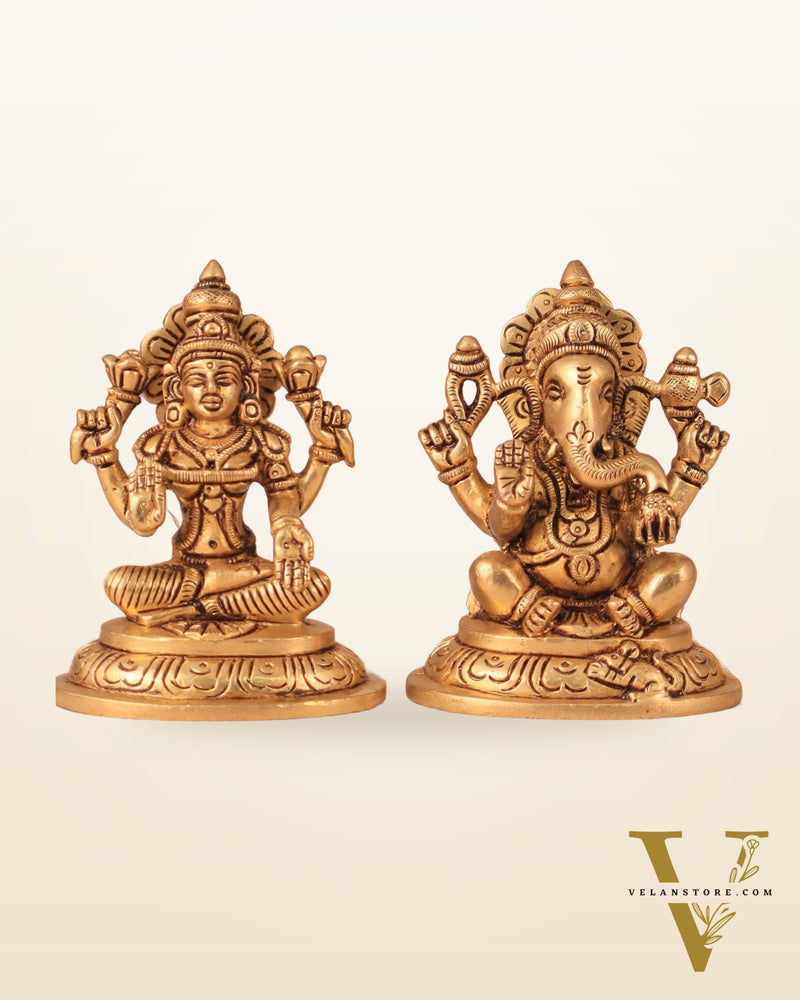 Brass Superfine Ganesha and Lakshmi Idol Pair - 4"