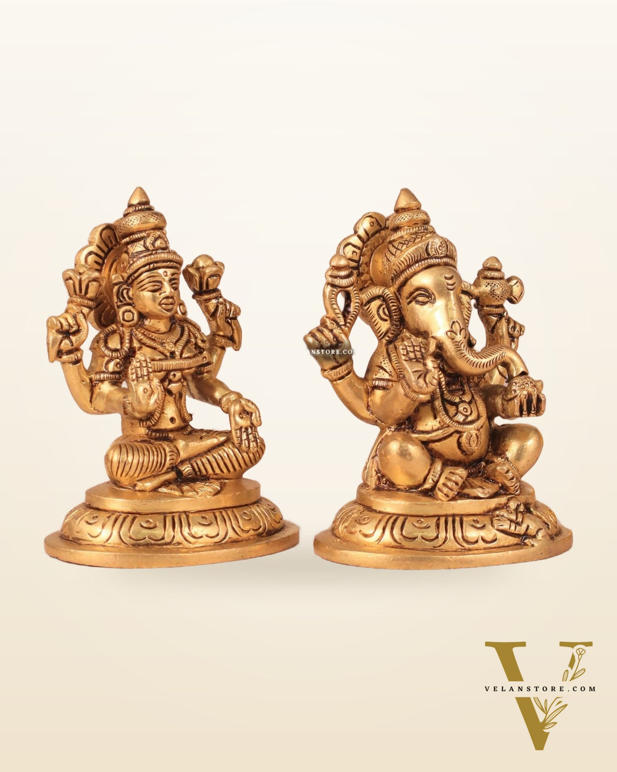 Brass Superfine Ganesha and Lakshmi Idol Pair - 4"