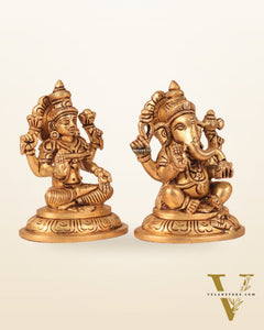 Brass Superfine Ganesha and Lakshmi Idol Pair - 4"