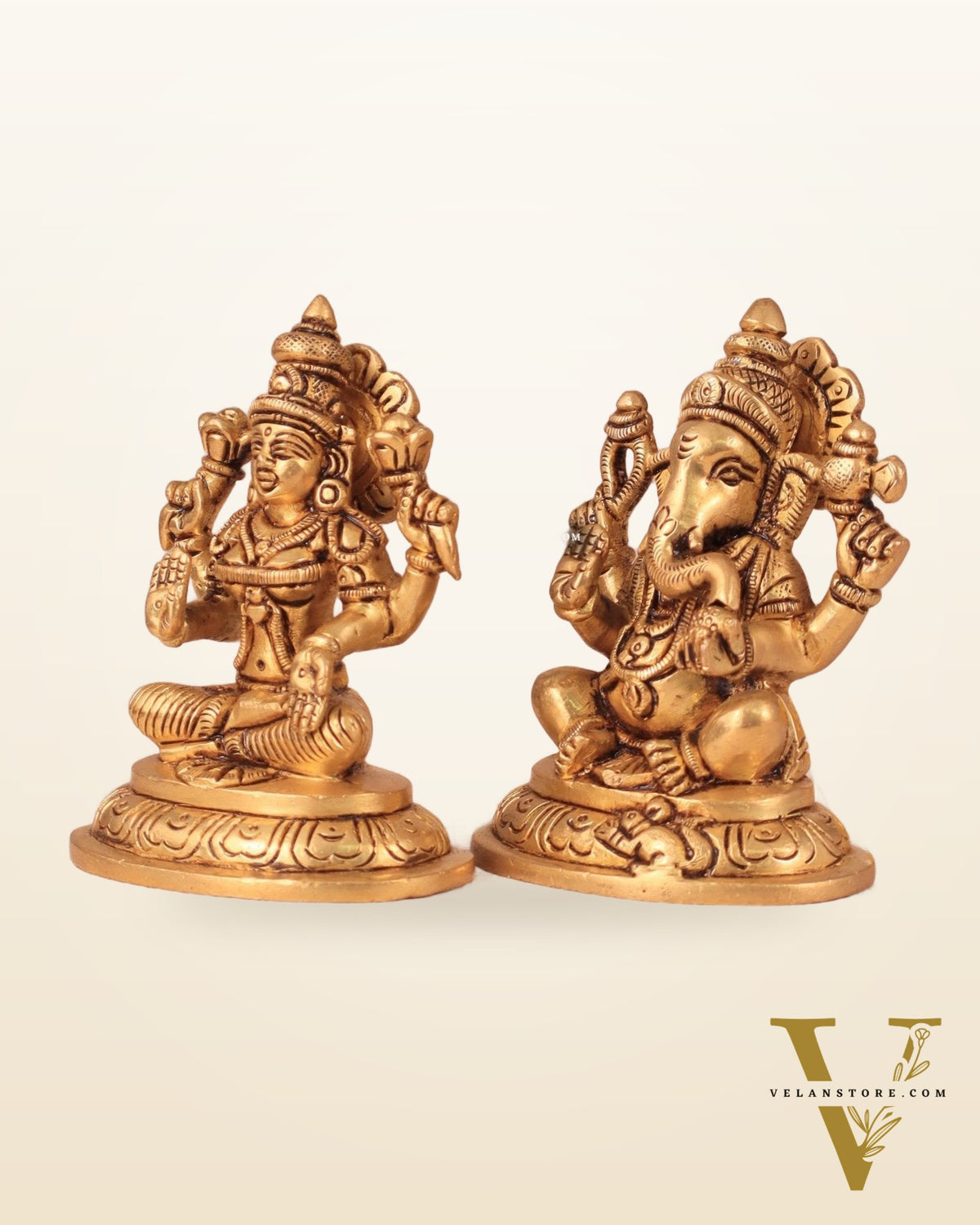 Brass Superfine Ganesha and Lakshmi Idol Pair - 4"