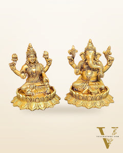 Brass Superfine Ganesha and Lakshmi idols 6"
