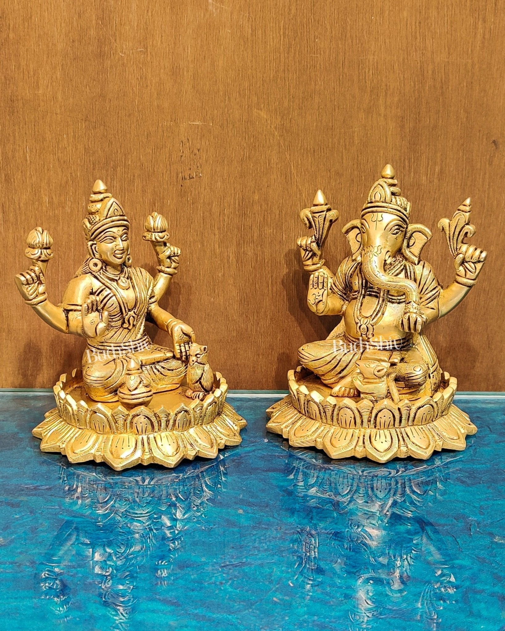 Brass Superfine Ganesha and Lakshmi idols 6"