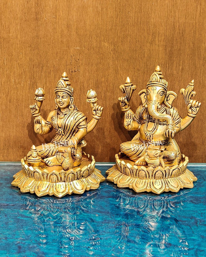 Brass Superfine Ganesha and Lakshmi idols 6"