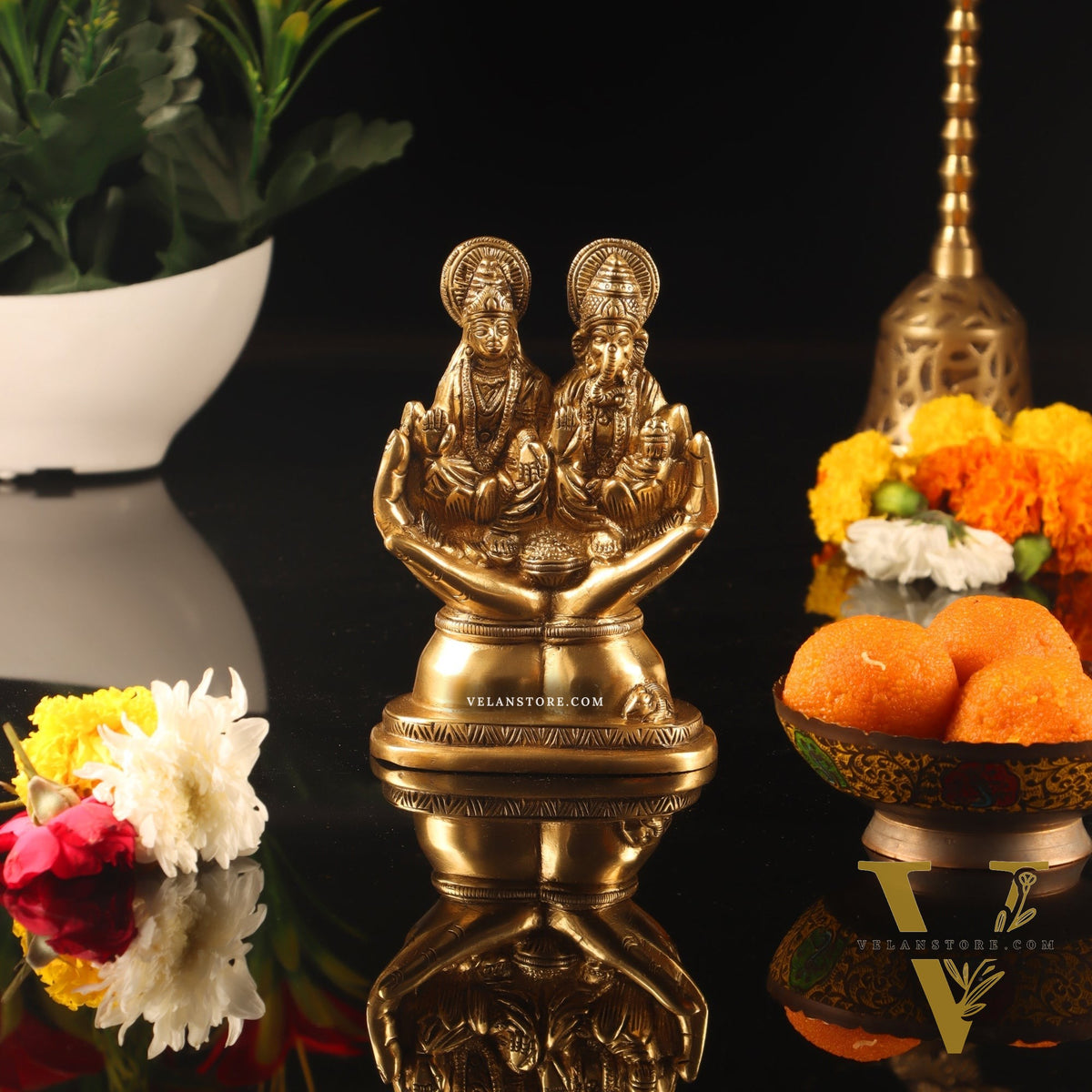 Brass Superfine Ganesha and Lakshmi Seated 5"