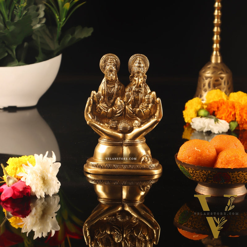 Brass Superfine Ganesha and Lakshmi Seated 5"