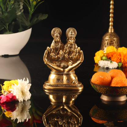 Brass Superfine Ganesha and Lakshmi Seated 5"