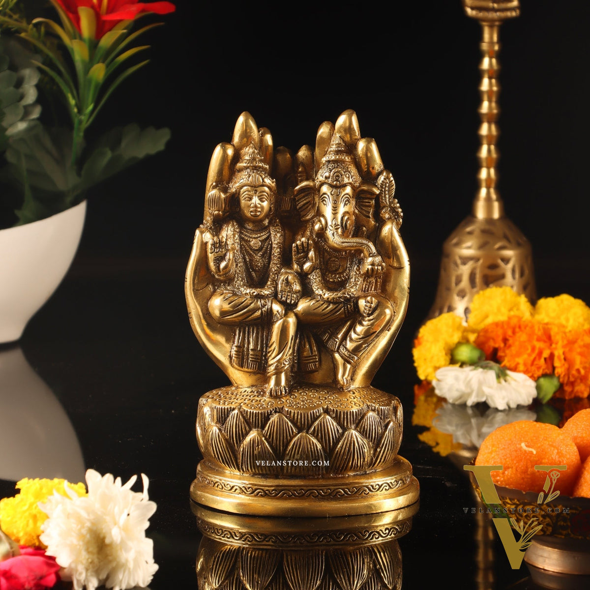 Brass Superfine Ganesha and Lakshmi Seated 6.5"