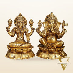 Brass Superfine Ganesha and Lakshmi Statues on Lotus | 9 Inch