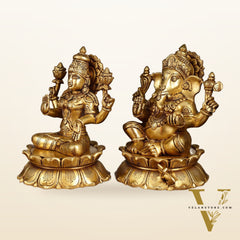 Brass Superfine Ganesha and Lakshmi Statues on Lotus | 9 Inch