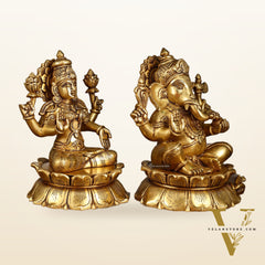 Brass Superfine Ganesha and Lakshmi Statues on Lotus | 9 Inch