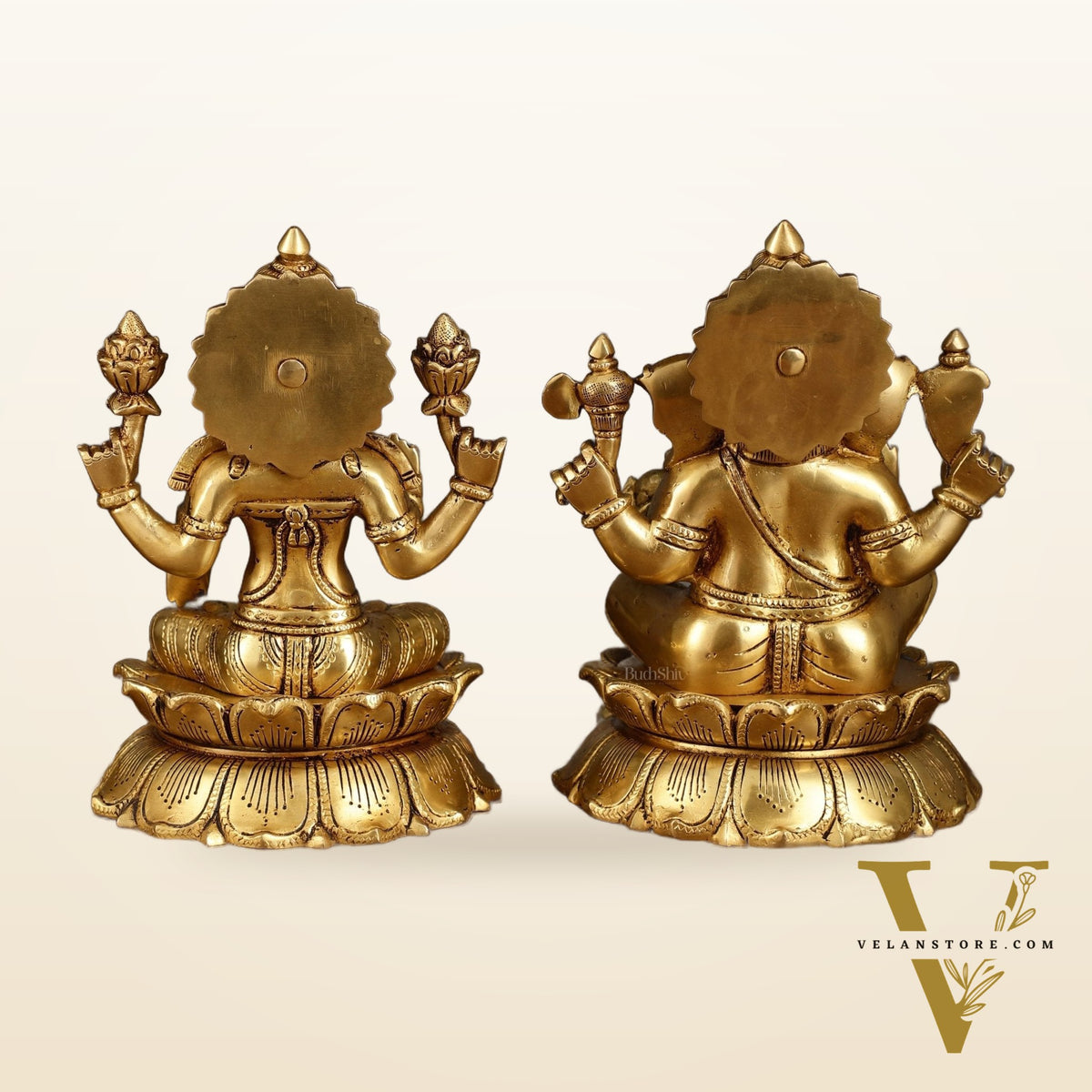 Brass Superfine Ganesha and Lakshmi Statues on Lotus | 9 Inch