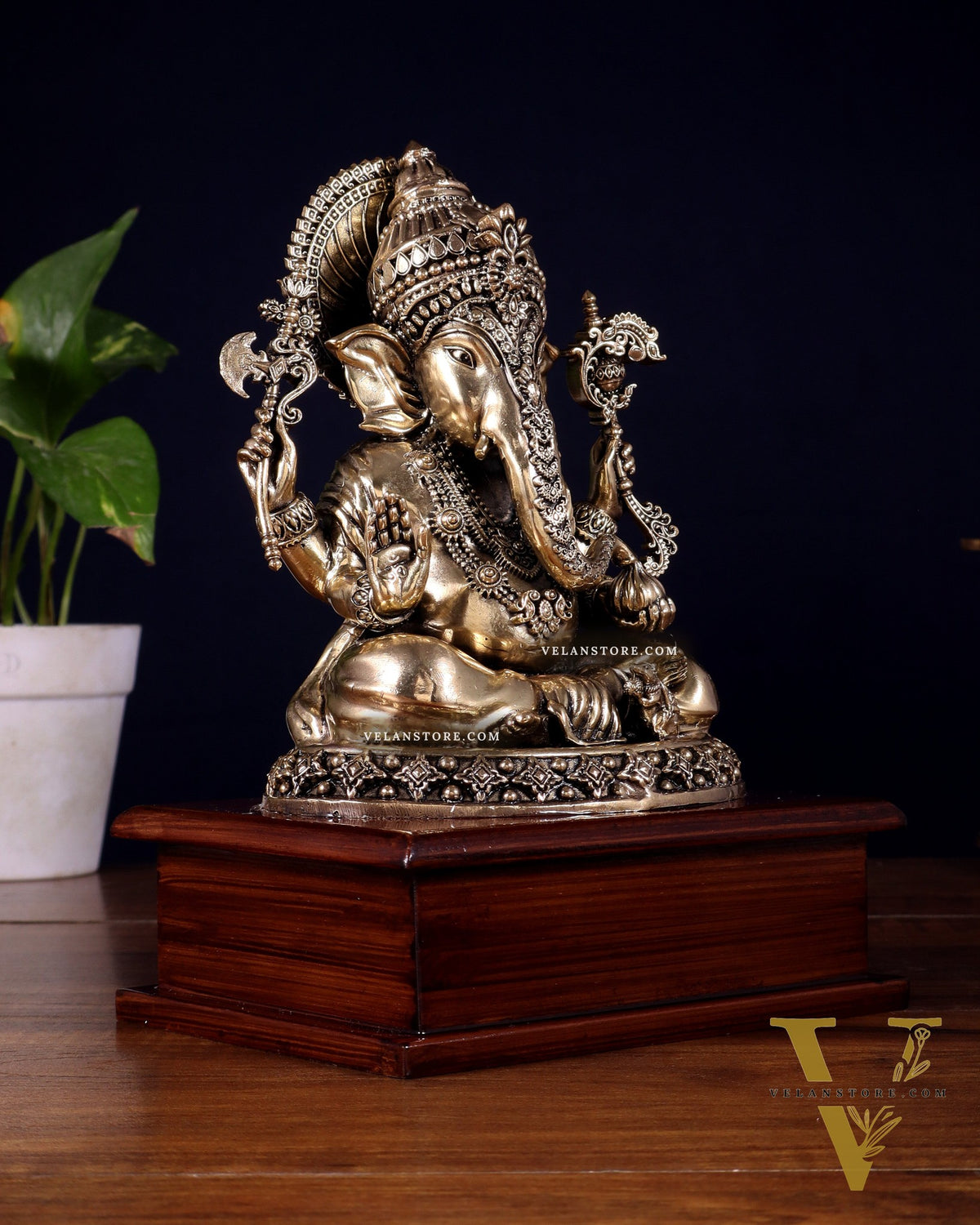 Brass Superfine Ganesha Idol – Intricate Design on Wooden Base (8.5 Inch)