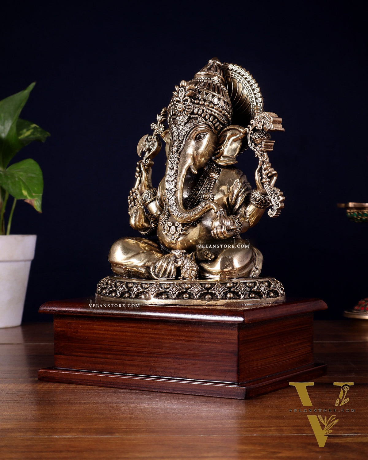 Brass Superfine Ganesha Idol – Intricate Design on Wooden Base (8.5 Inch)