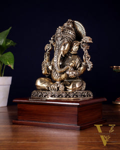 Brass Superfine Ganesha Idol – Intricate Design on Wooden Base (8.5 Inch)