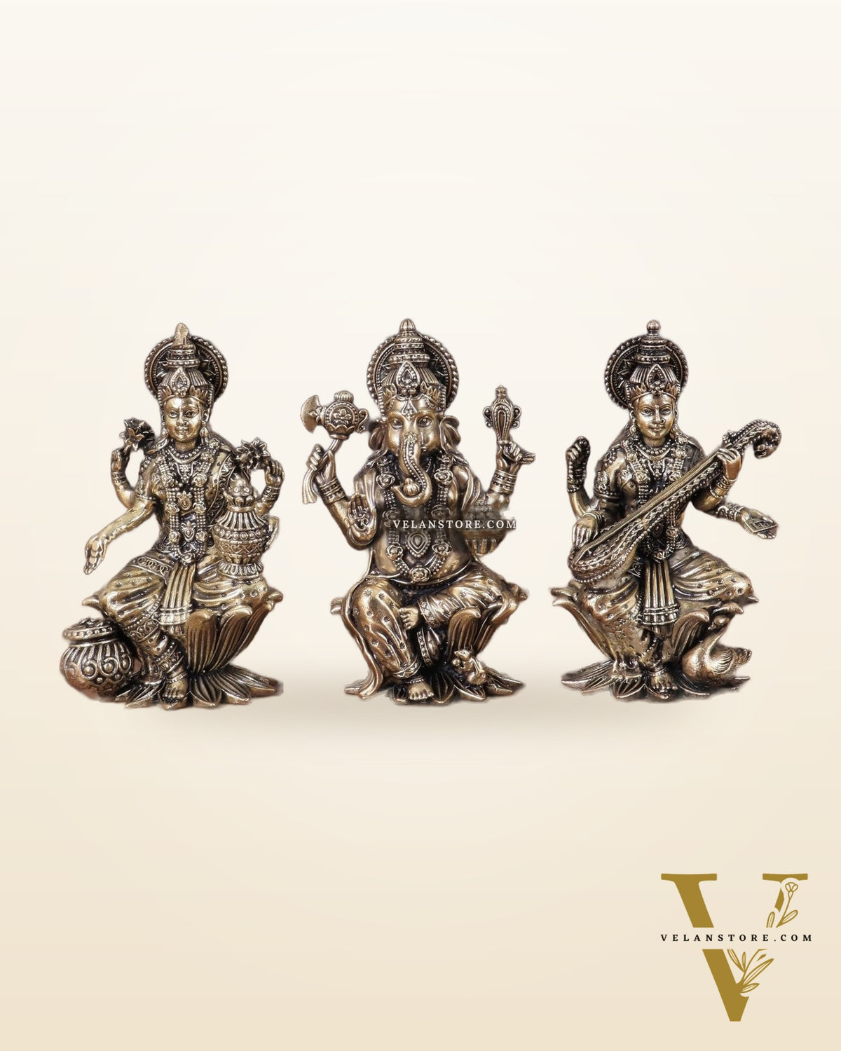 Brass Superfine Ganesha, Lakshmi, and Saraswati Idols Seated on Lotus 4"