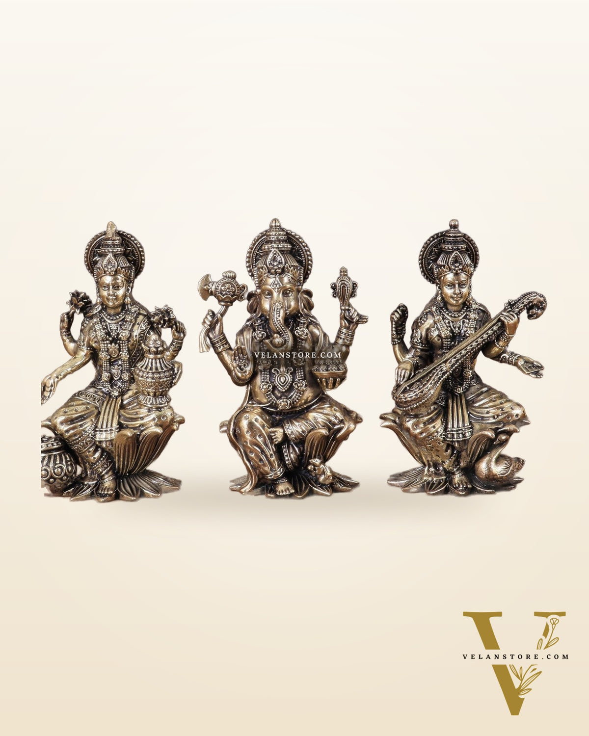 Brass Superfine Ganesha, Lakshmi, and Saraswati Idols Seated on Lotus 4"