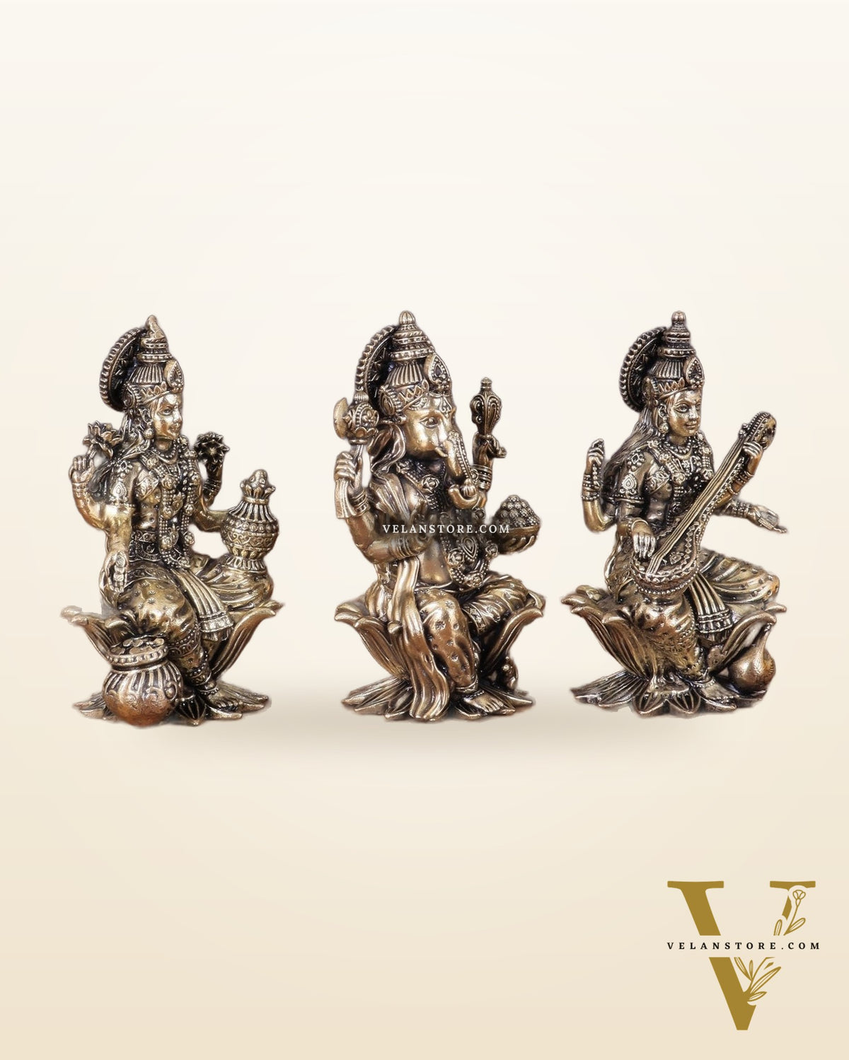 Brass Superfine Ganesha, Lakshmi, and Saraswati Idols Seated on Lotus 4"