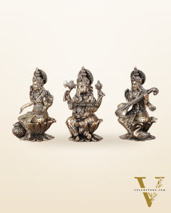 Brass Superfine Ganesha, Lakshmi, and Saraswati Idols Seated on Lotus 4"