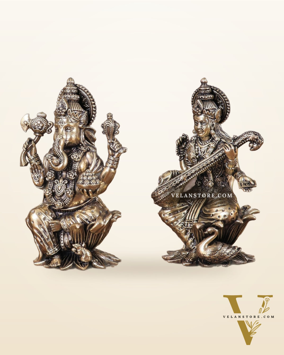 Brass Superfine Ganesha, Lakshmi, and Saraswati Idols Seated on Lotus 4"