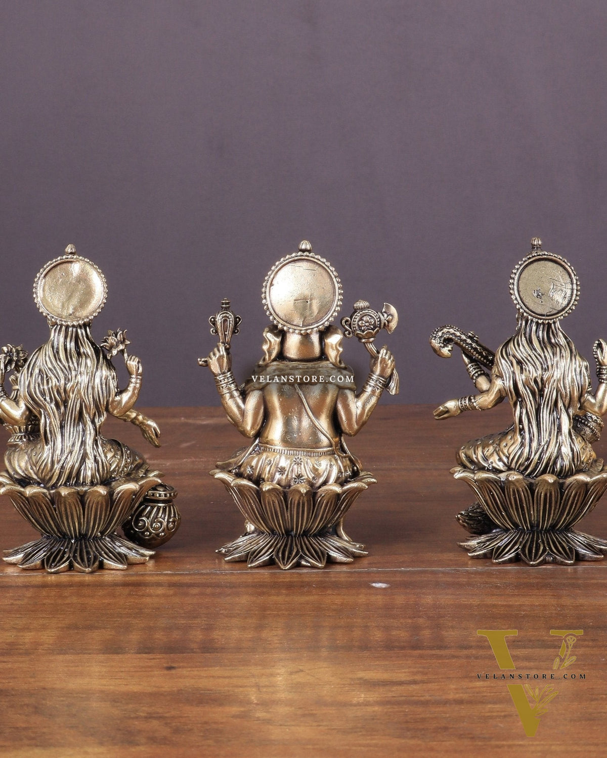 Brass Superfine Ganesha, Lakshmi, and Saraswati Idols Seated on Lotus 4"