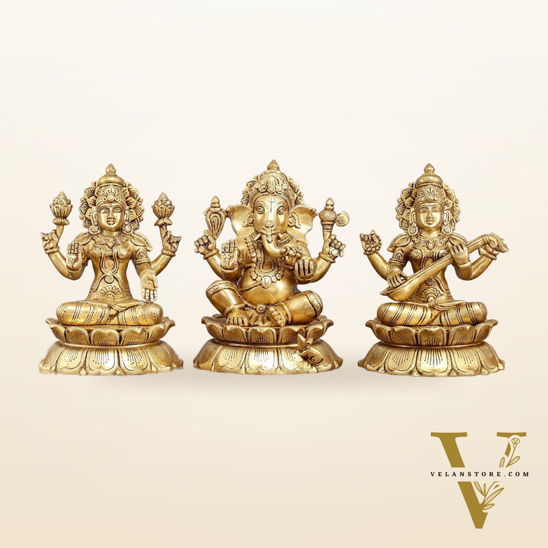 Brass superfine Ganesha, Lakshmi, and Saraswati Statues 9"