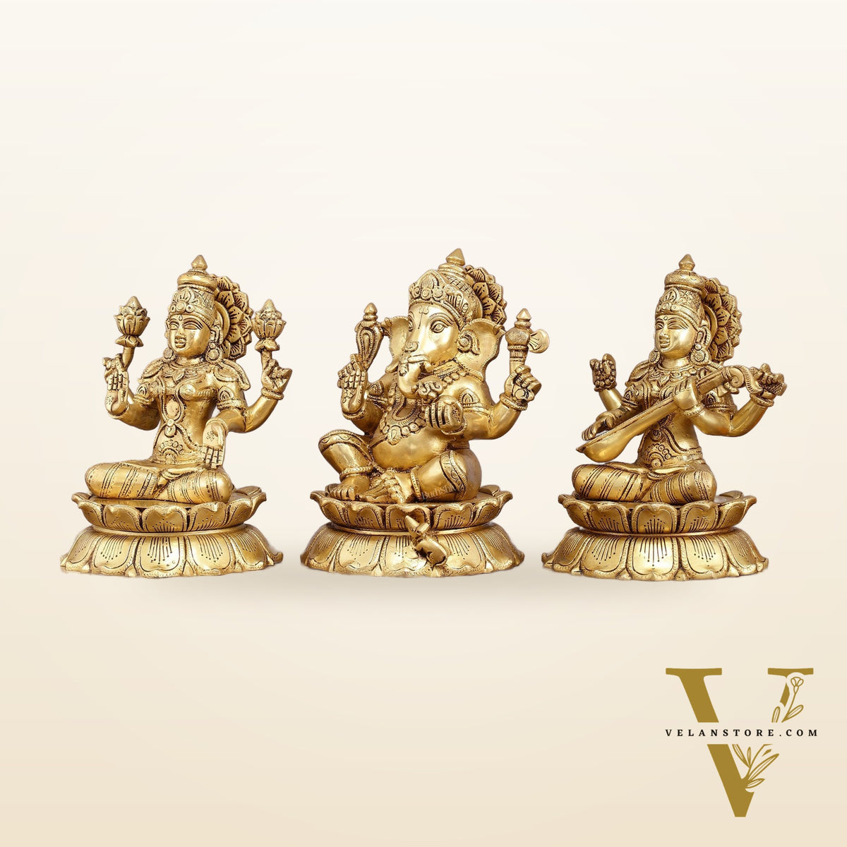 Brass superfine Ganesha, Lakshmi, and Saraswati Statues 9"