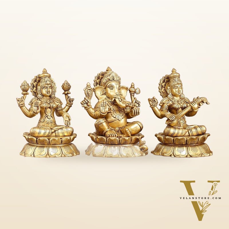 Brass superfine Ganesha, Lakshmi, and Saraswati Statues 9"