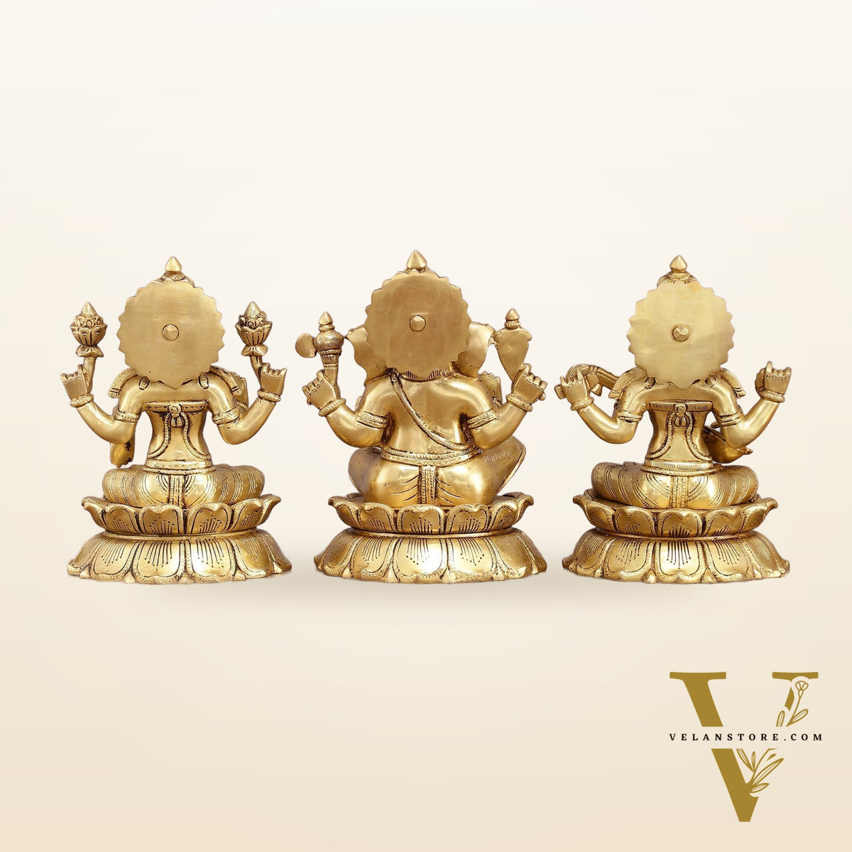 Brass superfine Ganesha, Lakshmi, and Saraswati Statues 9"