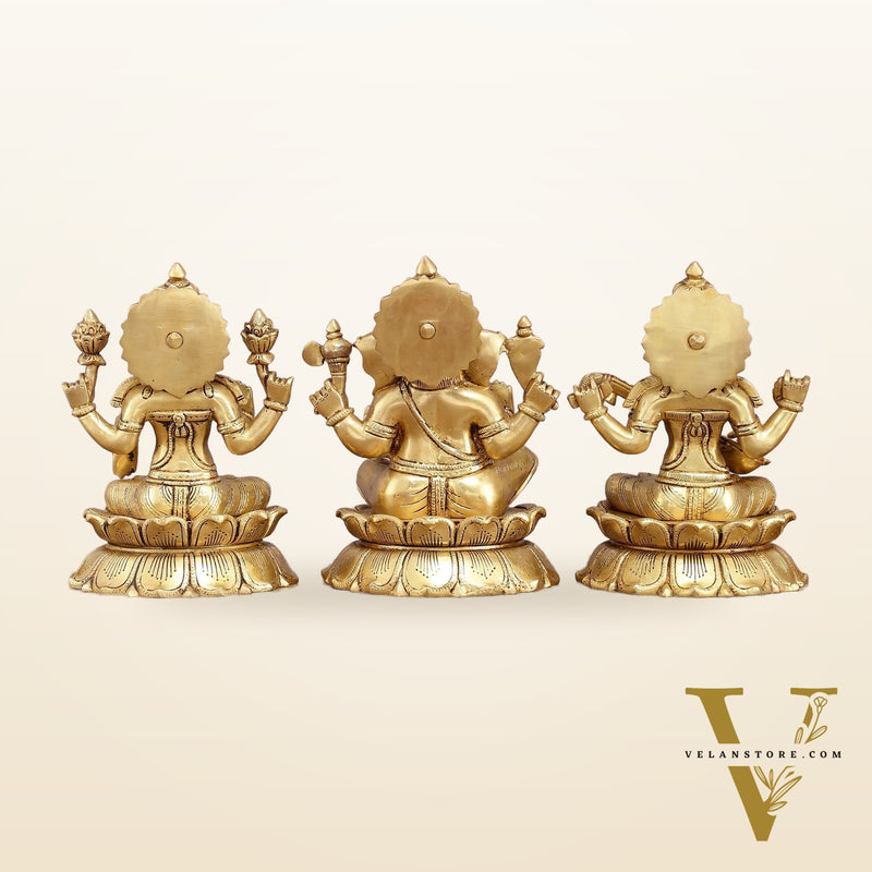 Brass superfine Ganesha, Lakshmi, and Saraswati Statues 9"
