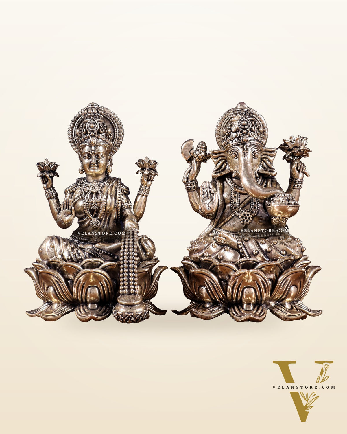Brass Superfine Ganesha Lakshmi Idol on Lotus Base 5 inch
