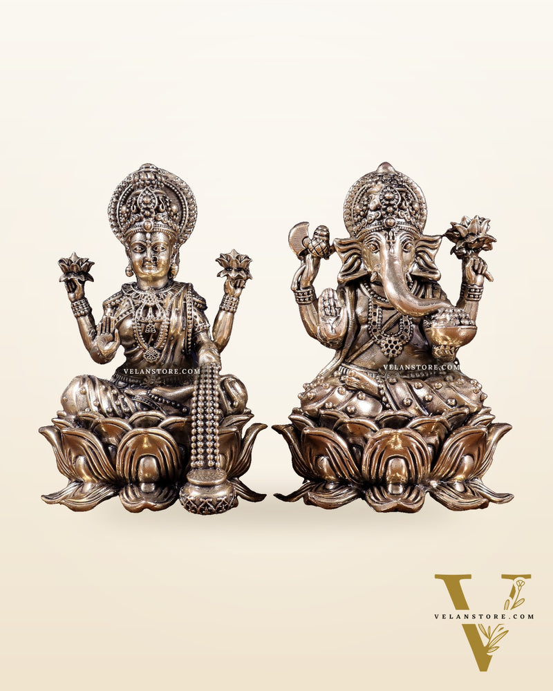 Brass Superfine Ganesha Lakshmi Idol on Lotus Base 5 inch
