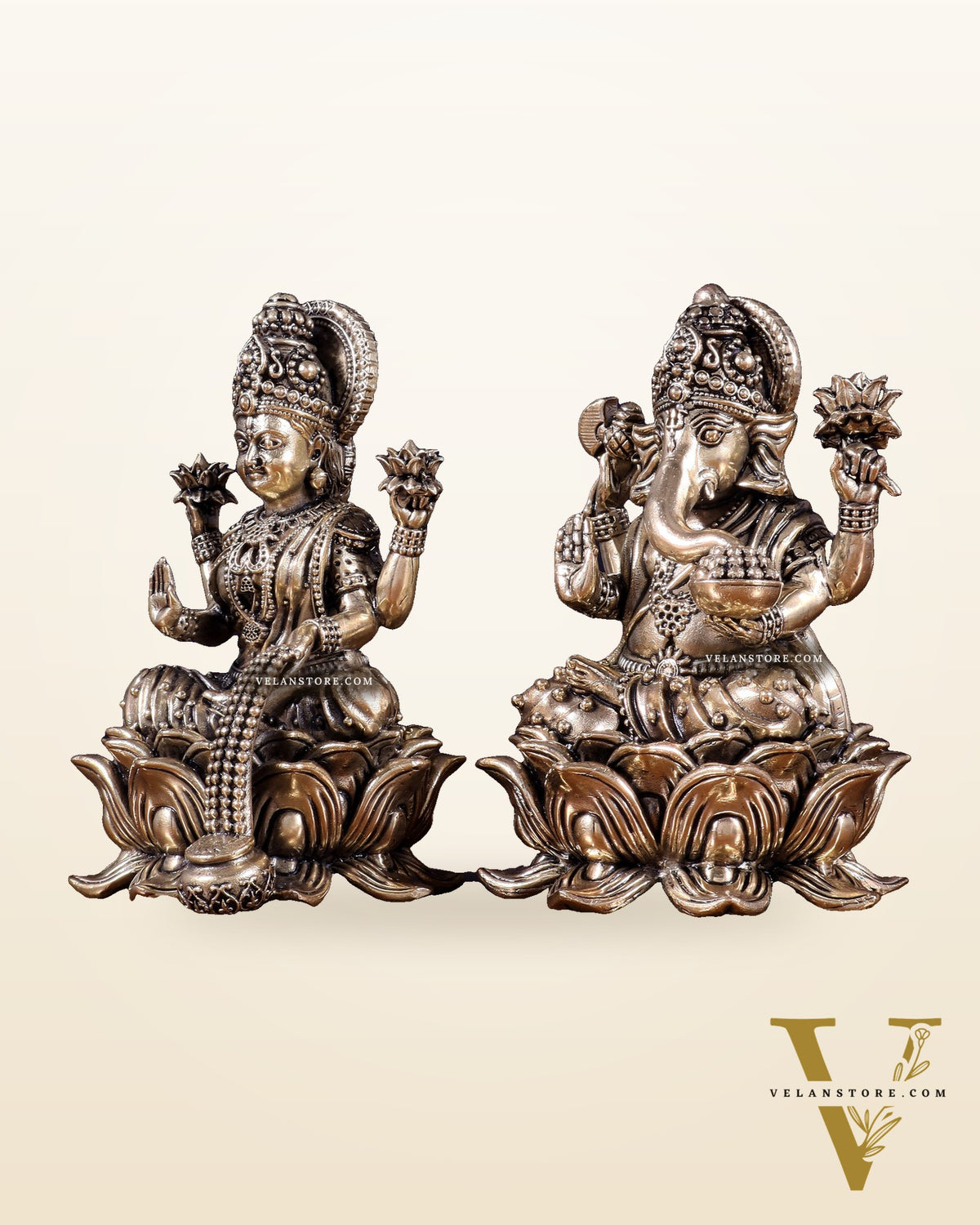 Brass Superfine Ganesha Lakshmi Idol on Lotus Base 5 inch