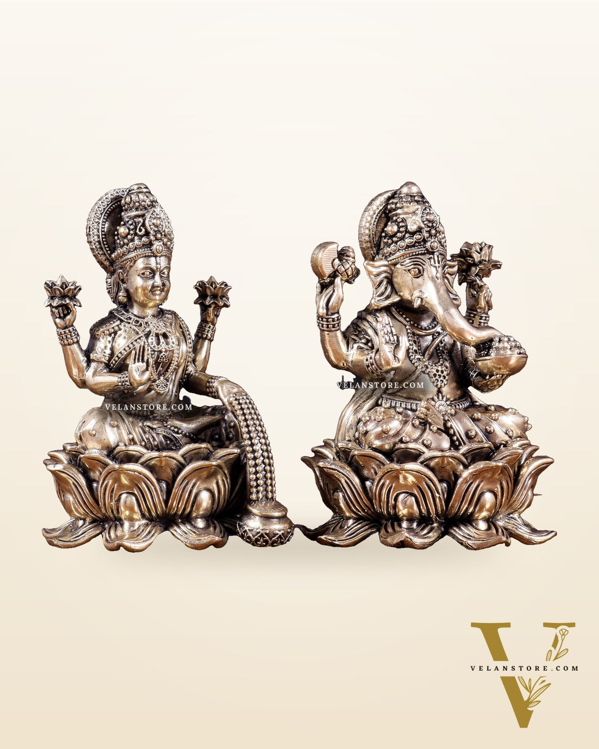 Brass Superfine Ganesha Lakshmi Idol on Lotus Base 5 inch