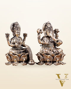 Brass Superfine Ganesha Lakshmi Idol on Lotus Base 5 inch
