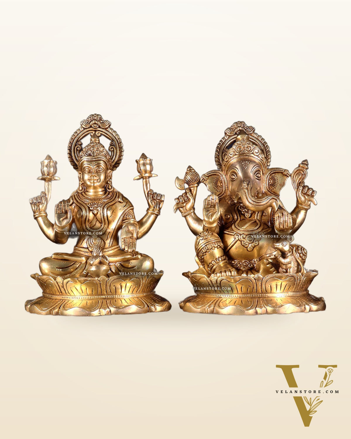 Brass Superfine Ganesha Lakshmi Idol Pair 10.5 inch