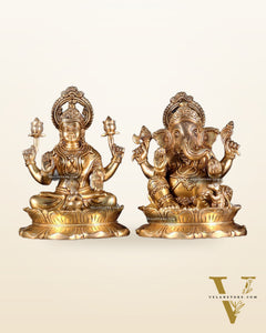 Brass Superfine Ganesha Lakshmi Idol Pair 10.5 inch