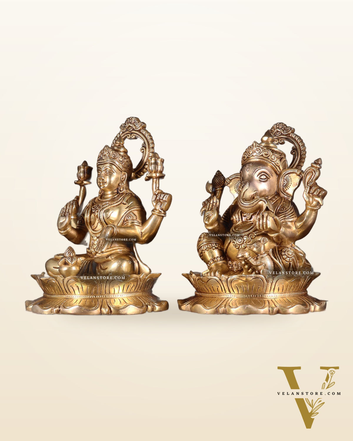 Brass Superfine Ganesha Lakshmi Idol Pair 10.5 inch