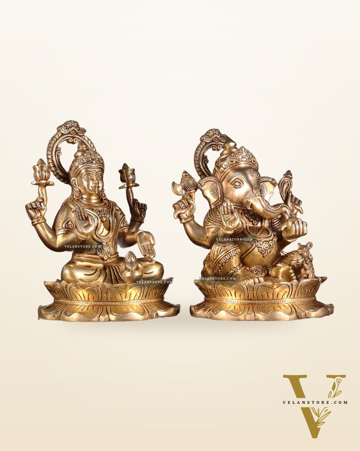 Brass Superfine Ganesha Lakshmi Idol Pair 10.5 inch