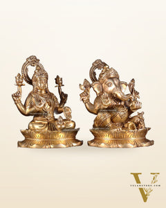 Brass Superfine Ganesha Lakshmi Idol Pair 10.5 inch