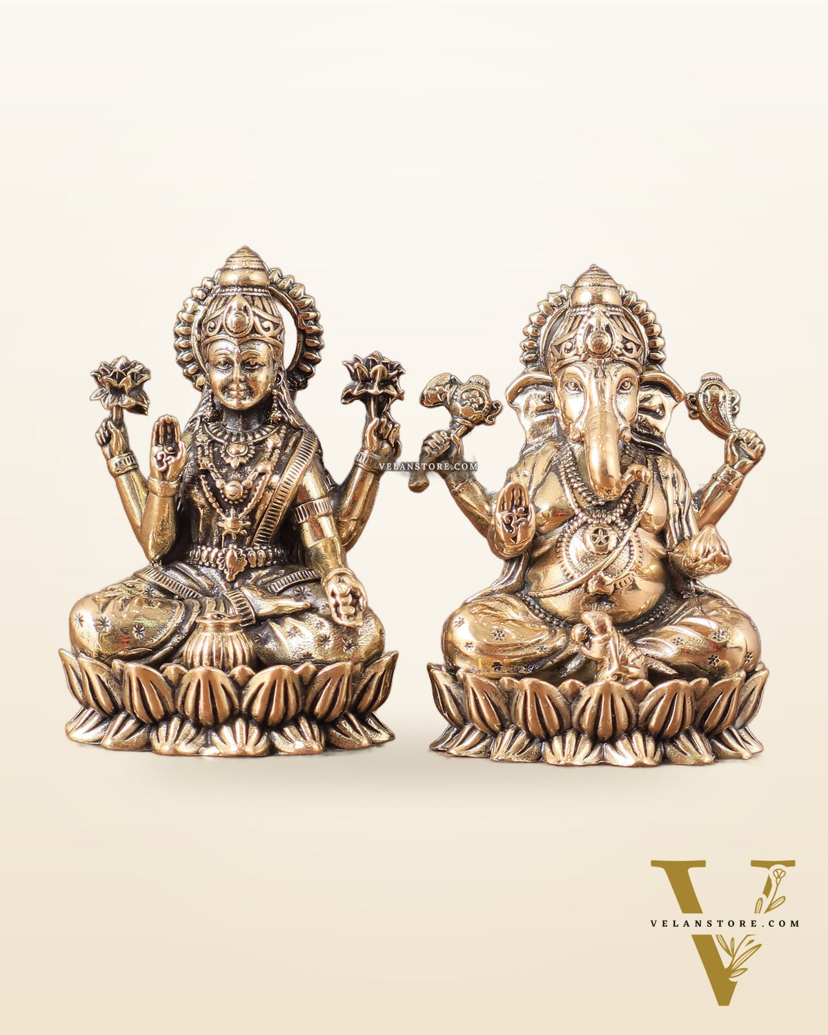 Brass Superfine Ganesha Lakshmi Idols - 3" Height | Intricate Lightweight Duo