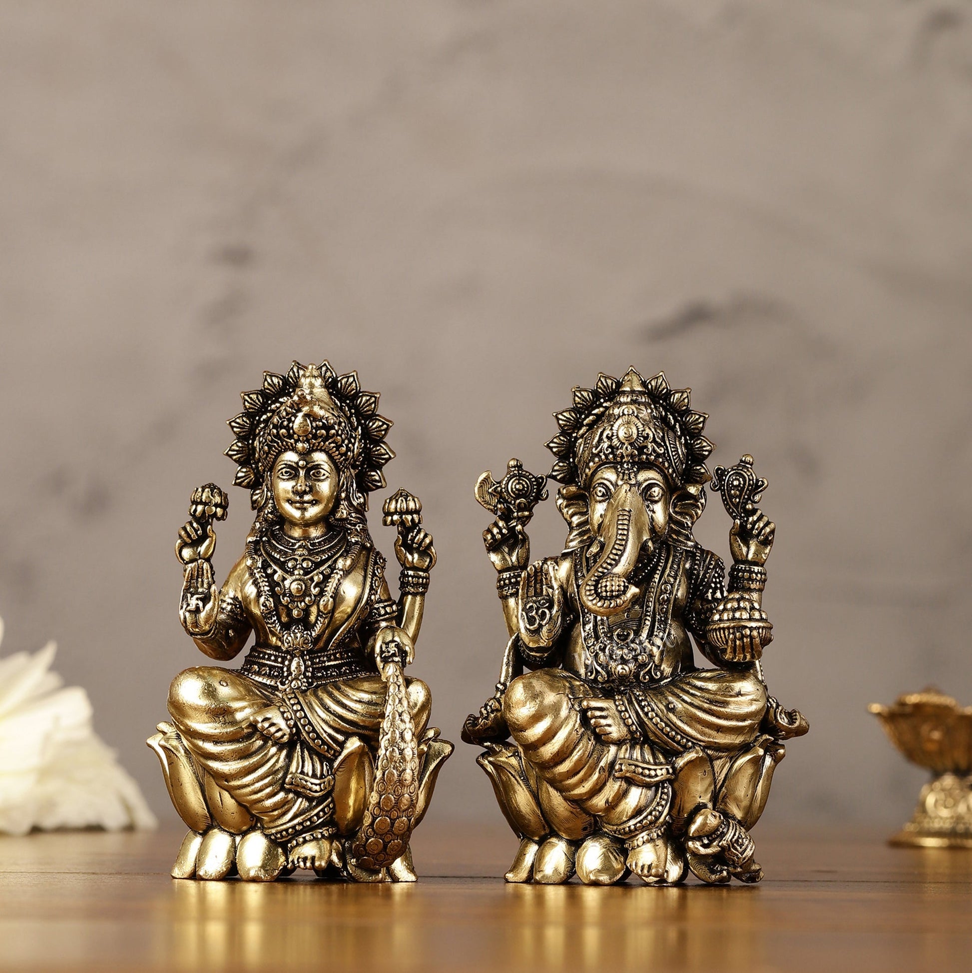 Brass Superfine Ganesha Lakshmi Idols - 3" Height | Intricate Lightweight Duo